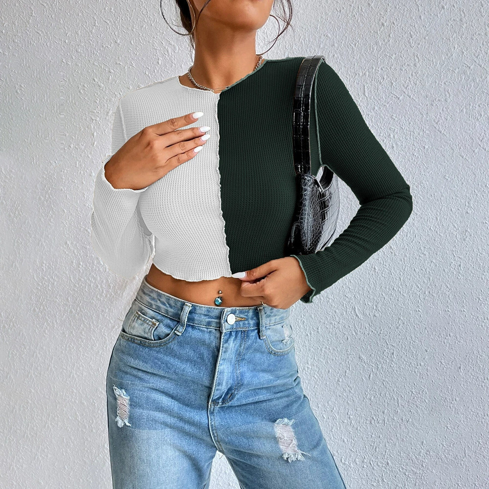 ZARA Exposed Stitching Cropped Colorblock Waffle Knit Long Sleeve Tee